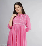 Pink embroidered rayon kurti, three-quarter sleeves, Indian party wear
