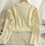 Cream wool winter cherry cropped cardigan with self-design knit, long sleeves