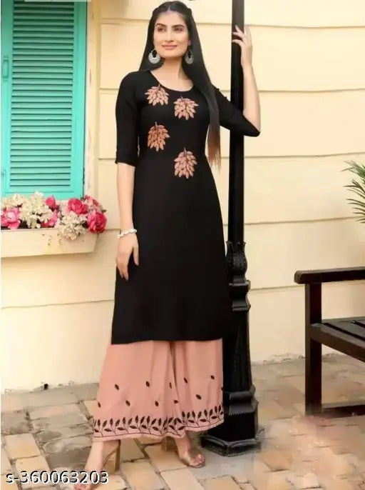 Peach and black embroidered rayon Kurta with calf-length print, elegant attire for women's fashionable ensemble