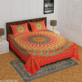 Red Mirchi cotton bed skirts, traditional Rajasthani floral design for king size double bed with 2 pillow covers