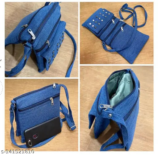 Embellished denim sling bag, studded fabric tote with 4 compartments, free size, made in India