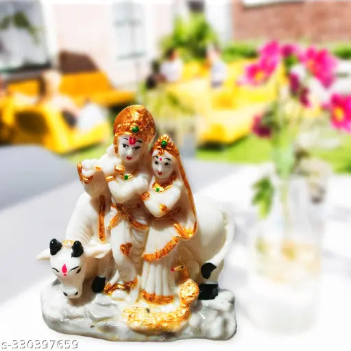 Polyresin Radha Krishna Murti with Kamdhenu Cow, Indian handcrafted home decor item, 6 cm x 10 cm x 9 cm size