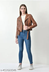 Tan faux leather biker jacket, long sleeves, solid pattern, quality product from India
