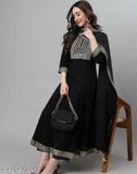 Black rayon anarkali kurti set with dupatta, solid pattern, three-quarter sleeves, India origin