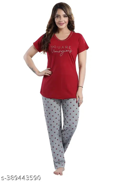 Maroon hosiery night suite set, 100% cotton for women's comfort & daily use