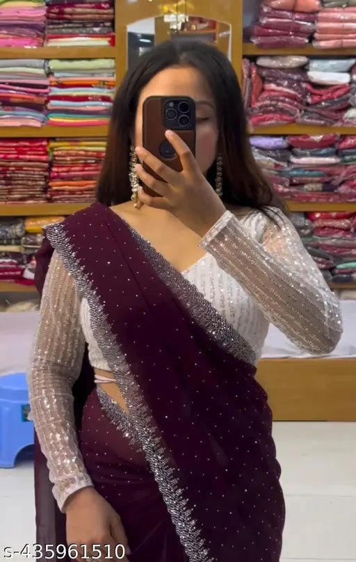 Embellished Georgette saree with Banarasi silk blouse, single free size, Indian origin