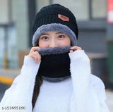 Woolen cap with fur-lined muffler/neck warmer/scarf - black, Women's snow proof balaclava for winter, Indian made