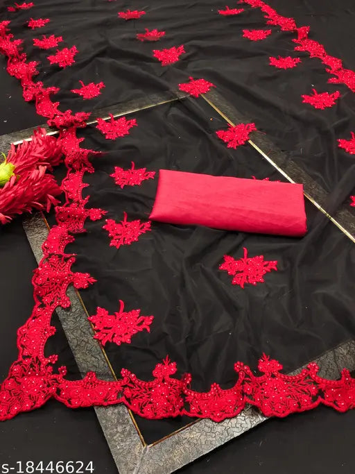 Red and black embroidered net Bollywood Fashion saree with matching satin silk blouse, Indian design on display