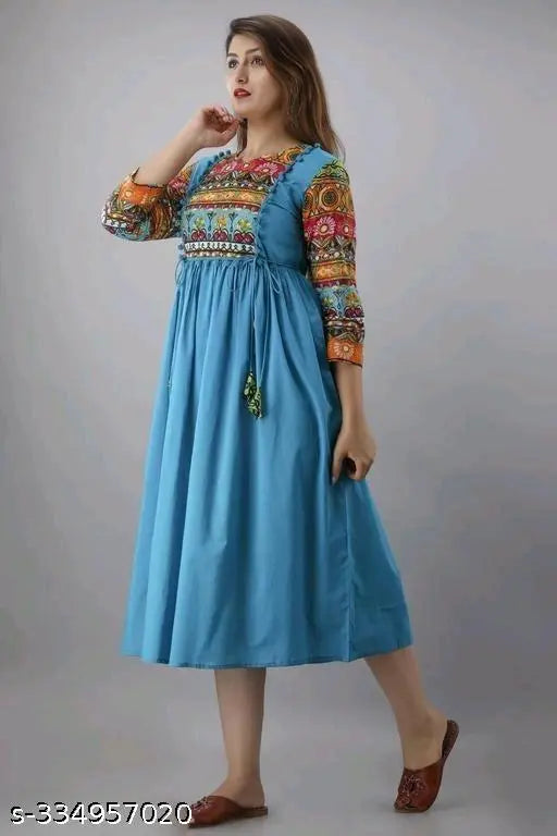 Blue rayon anarkali kurti for women, solid pattern, three-quarter sleeves. Lightweight fabric ensures a perfect fit and comfort for casual events, pairable with leggings, palazzo, or pants. May slightly differ in color and design from images. Made in India