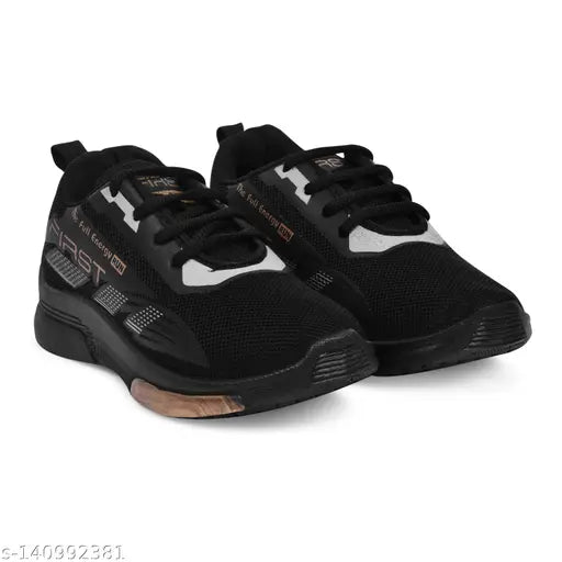Black mesh running shoes for kids boys, lightweight and comfortable with PVC sole. Ideal for daily wear, parties, sports, and outdoor activities. Durable, flexible, and slip-resistant. Made in India