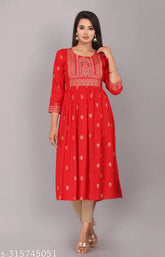 Rayon embroidered kurti with three-quarter sleeves, printed pattern. S (bust 36", length 45"), M (bust 38", length 45"), L (bust 40", length 45"), XXL (bust 44", length 45"). India-made women's dress for parties or casual wear