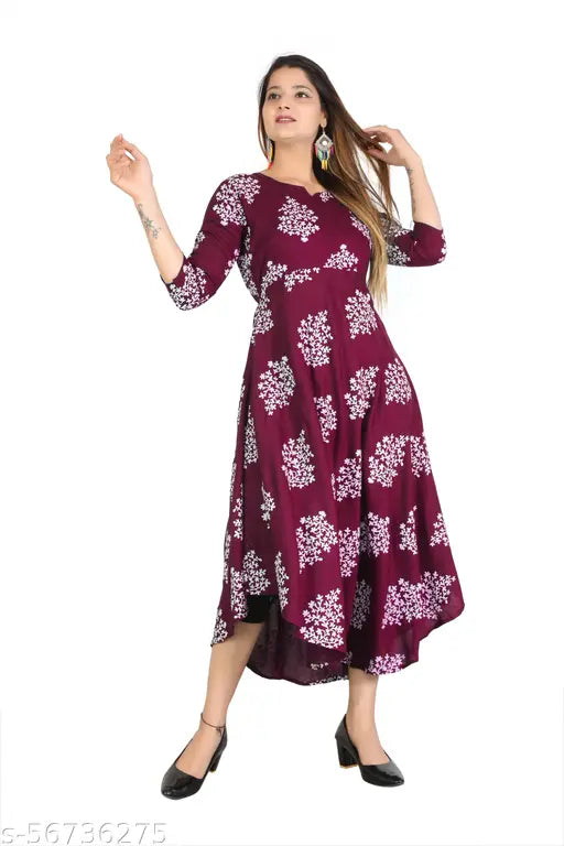 Maroon printed rayon gown, three-quarter sleeves, casual look kurti for women, suitable for office, temple, and festivals (India)