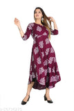 Maroon printed rayon gown, three-quarter sleeves, casual look kurti for women, suitable for office, temple, and festivals (India)