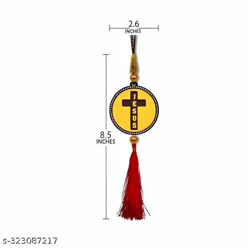 High-quality, 0.4cm thick wooden Jesus & Holy Cross car dashboard idol showpiece combo (set of 4) with matte finish and pre-installed thread strip for easy hanging. Ideal for Indian-made religious car decor and gifting