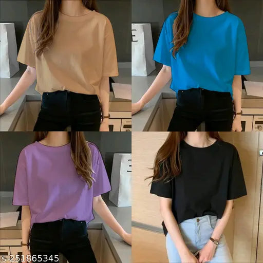 Stylish solid half-sleeve 100% cotton biowashed t-shirt for women - Loose fit, short sleeves, India origin