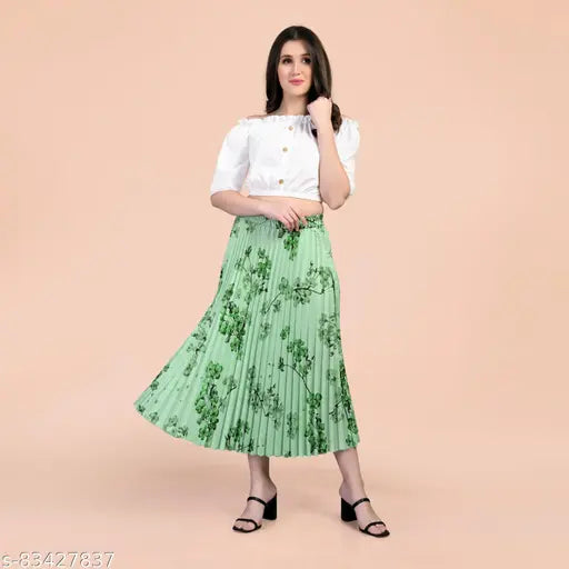 MK Fashion printed crepe skirt, high waist, floral design. Perfect for weddings, events, or casual wear. Sizes: 28 (28waist/34length), 30 (30waist/34length), 32 (32waist/34length), 34 (34waist/34length). Made in India