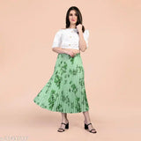 MK Fashion printed crepe skirt, high waist, floral design. Perfect for weddings, events, or casual wear. Sizes: 28 (28waist/34length), 30 (30waist/34length), 32 (32waist/34length), 34 (34waist/34length). Made in India
