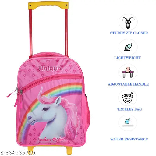 Pink waterproof trolley bag, 16 inches Indian Riders UNIQUE BAG for school kids. Durable polyester net with adjustable padded straps and 3 compartments. Spacious, trendy, and durable, ideal for young children's needs