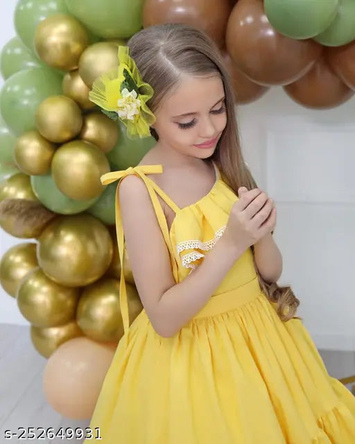4-6 Years Kids' Solid Cotton Party Dress, loose-fit ruffled hem and crew neck, elegant long gown for special occasions