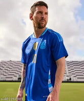 Blue polycotton Argentina Messi Copa America 2024 away jersey, short sleeves with printed net pattern. Size: S, M, L, XL. Wear football passion, embrace victory