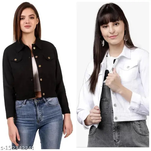 Black & white denim AOne combo jacket for women, solid pattern on mannequin in two sizes - S, L, XL