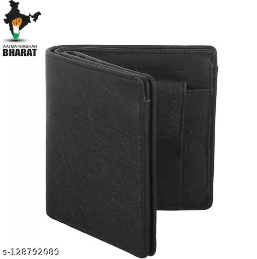 Classic world black PU bi-fold men's wallet - 2 compartments, coin pocket, ultra slim design