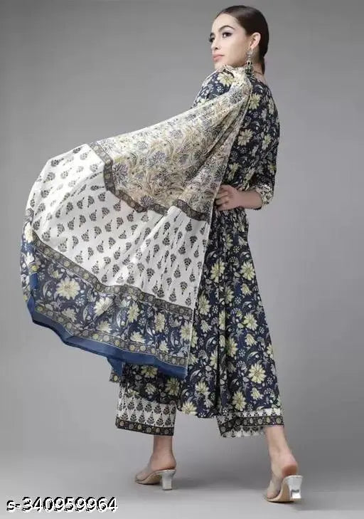 Rayon Anarkali printed kurta set with palazzos & dupatta on mannequin, Chanderi cotton, three-quarter sleeves, Indian fashion" (125 characters)