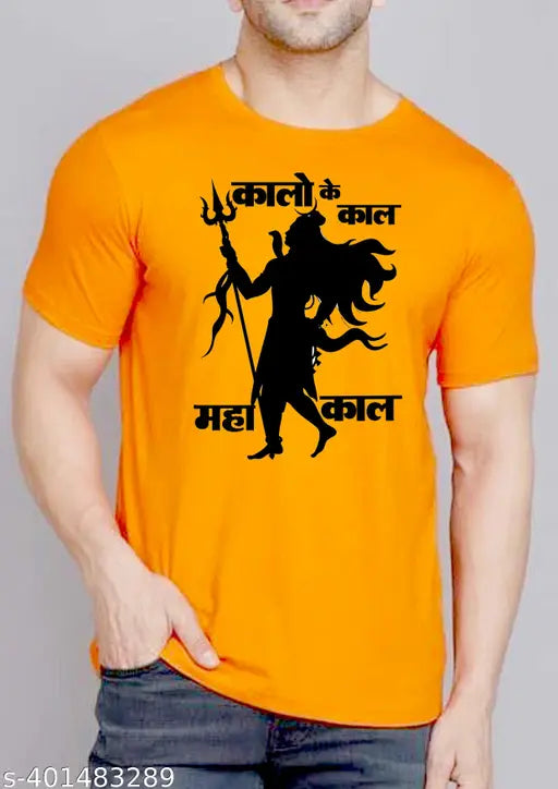 Orange printed Kalo Ke Kaal Mahakal half sleeve t-shirt for men, polyester fabric, Hindu deity design