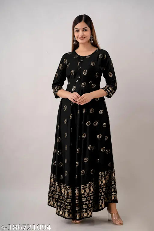 Black rayon printed kurta with three-quarter sleeves, perfect for casual or party wear. Indian women's kurti in multicolor print design