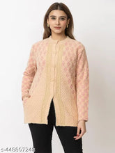 Polyester round neck, full sleeve buttoned sweater (L), embroidered winter wear for women