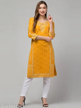 Yellow woolen printed A-line kurti with three-quarter sleeves, latest Indian fashion wear