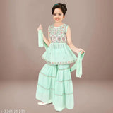 Embroidered Georgette Kurta Garara Set - 4-5 years, Indian traditional anarkali top & sharara bottom with chiffon dupatta