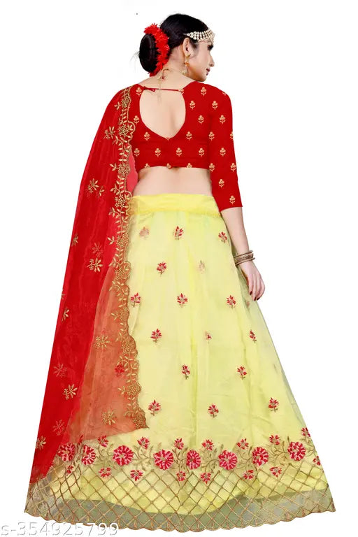 Heavy embroidered dupion silk and net semi-stitched Lehenga Choli with embellished Dupatta, trendy Indian fashion wear