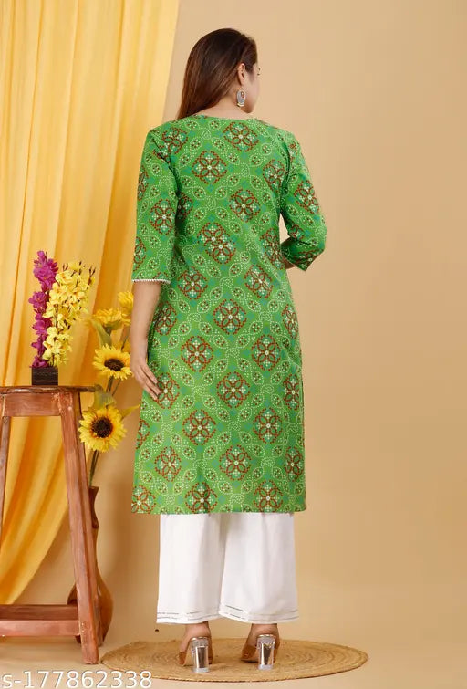 Radha Rani printed cotton bandhej kurta set with rayon palazzos, vibrant Jaipuri embroidery detailing on yoke