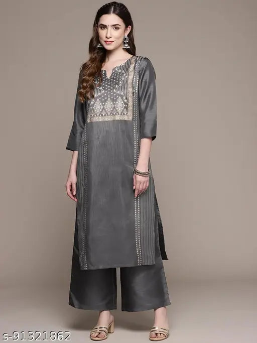 Dark grey poly silk kurta & palazzos set, printed net, three-quarter sleeves, India origin