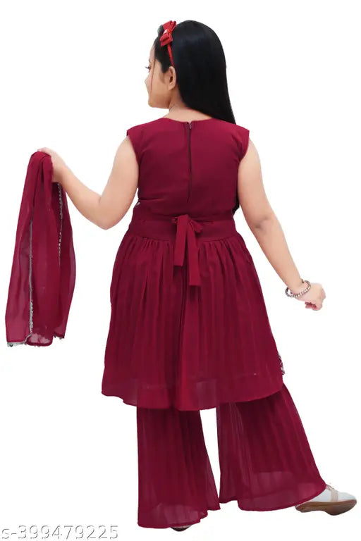 Georgette Angel Fancy Girls Kurti Palazzo Set, sleeveless embroidered top and solid bottom, 4-7 years kids clothing from India