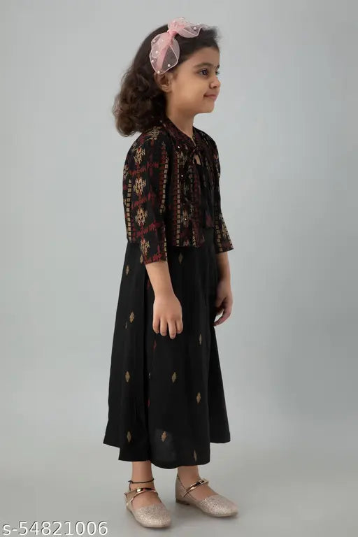 Kids rayon gold printed black gown with jacket set, three-quarter sleeves, Indian children's fashion, printed net party wear