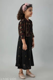 Kids rayon gold printed black gown with jacket set, three-quarter sleeves, Indian children's fashion, printed net party wear