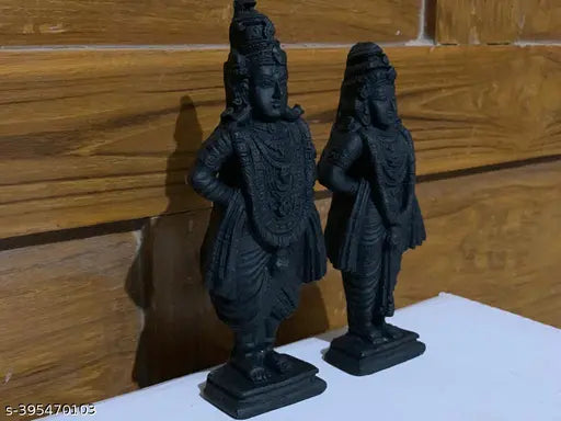 Premium Poly Resin Vitthal Rukmini Statue, Indian Krishna Idol pair for Home Decor & Gifting. Black accents add elegance, 6" tall x 3" wide
