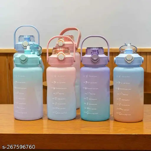 Blue plastic motivational time marker water bottle (2L), featuring secure flip top lid, silicone straw, and inspirational quotes for office or gym use