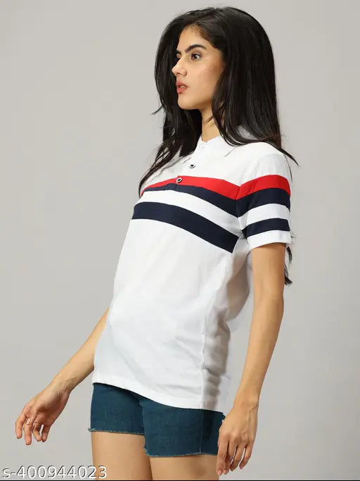 White cotton blend striped polo half sleeve t-shirt for women, ideal for casual wear