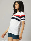 White cotton blend striped polo half sleeve t-shirt for women, ideal for casual wear