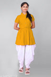 Yellow crepe fancy top & dhoti Kurta set for girls, solid pattern with short sleeves on display