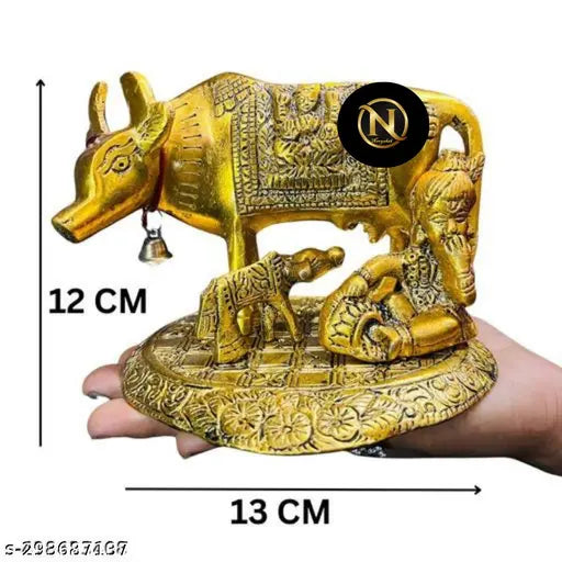 Brass Kamdhenu Cow with Calf and Nandi, gold plated antique showpiece - traditional Indian decorative art, 16 cm in size
