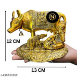 Brass Kamdhenu Cow with Calf and Nandi, gold plated antique showpiece - traditional Indian decorative art, 16 cm in size