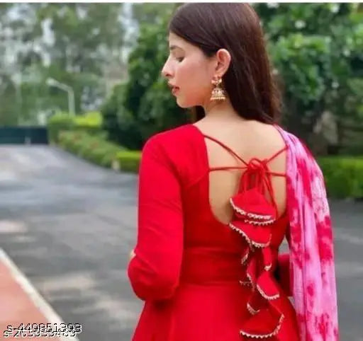 Red Goun Duppata, long-sleeved rayon blouse with solid pattern, popular Indian clothing for women, available in various sizes from S to 6XL