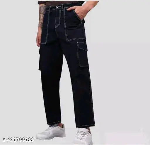 Black denim 6-pocket jeans for men, solid pattern, size 28 x 35 (waist 28in, length 35in, hip 32in), made in India