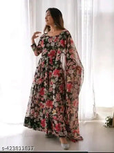 Trendy retro georgette gowns with three-quarter sleeves, zari woven net pattern. Women's fashion in various sizes from XXS to XXL, origin India