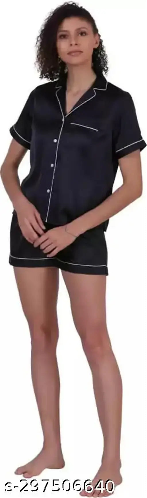 Maroon satin night suit set for women: short sleeves, elastic waistband, luxurious satin fabric