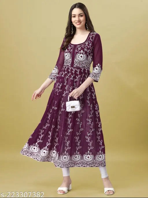 Georgette Chikankari embroidered Anarkali kurti, three-quarter sleeves, Indian handcrafted fashion on mannequin (M: Bust 38in, L: Bust 40in, XL: Bust 42in)